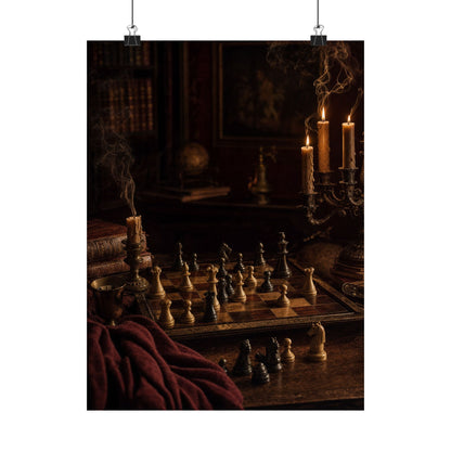 Chess Board Mid-Game In Candlelight - Dark Academia Art Print (Matte Poster) - Moikas