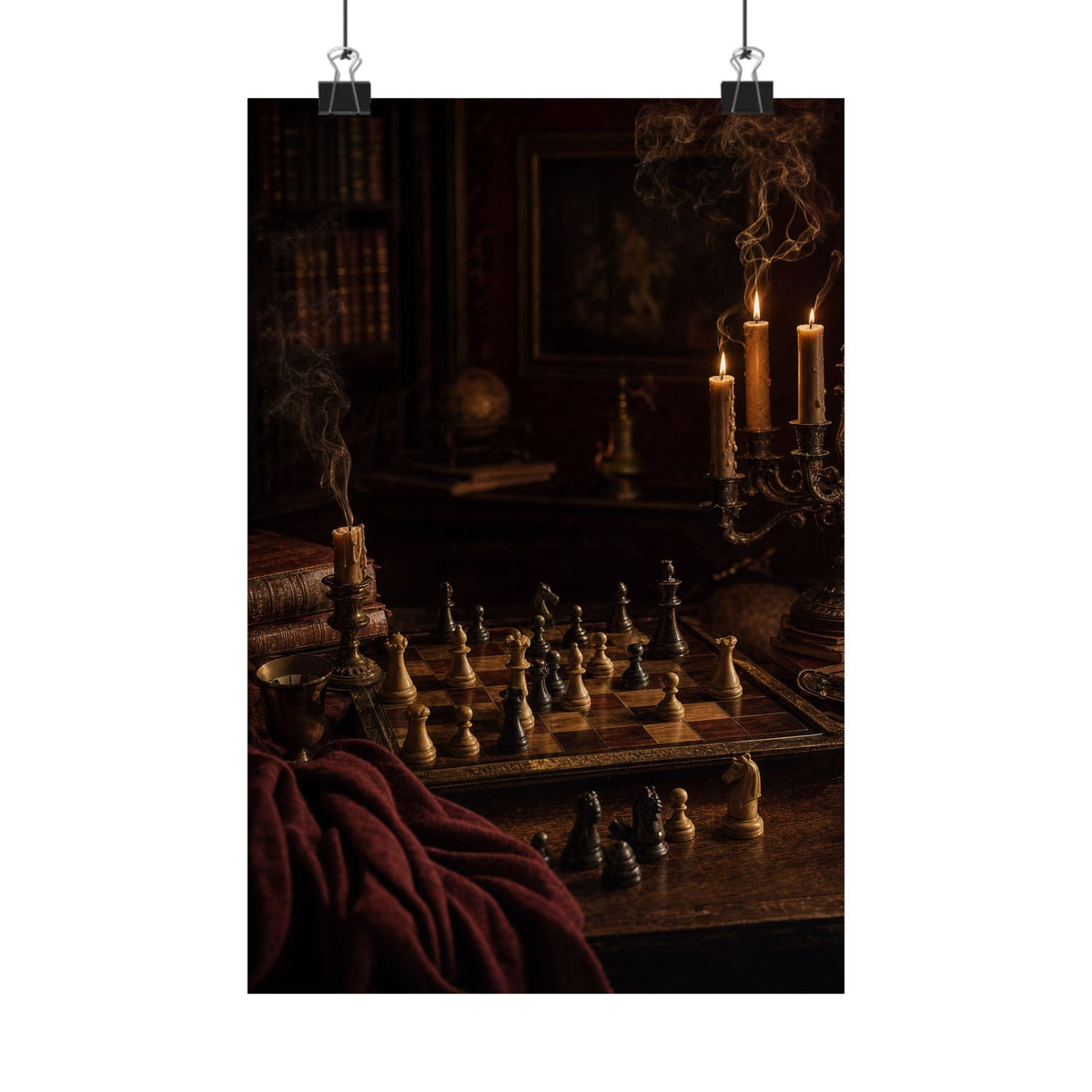 Chess Board Mid-Game In Candlelight - Dark Academia Art Print (Matte Poster) - Moikas