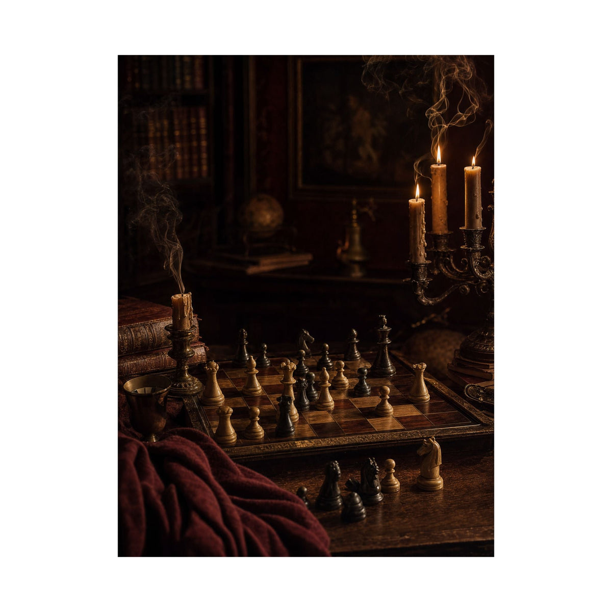 Chess Board Mid-Game In Candlelight - Dark Academia Art Print (Matte Poster) - Moikas