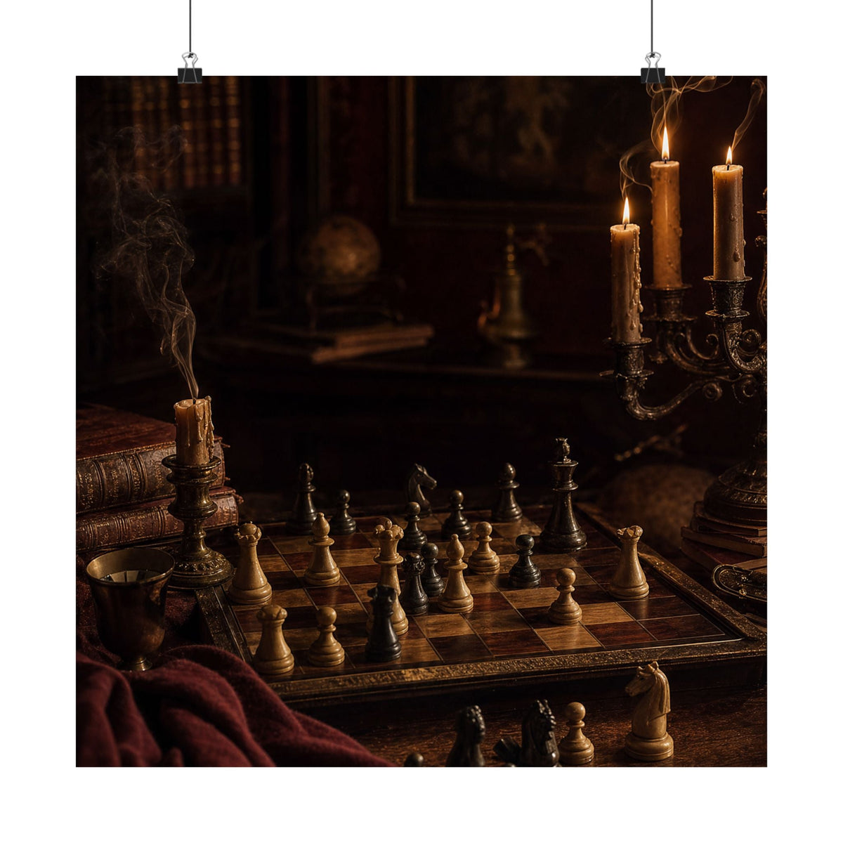 Chess Board Mid-Game In Candlelight - Dark Academia Art Print (Matte Poster) - Moikas