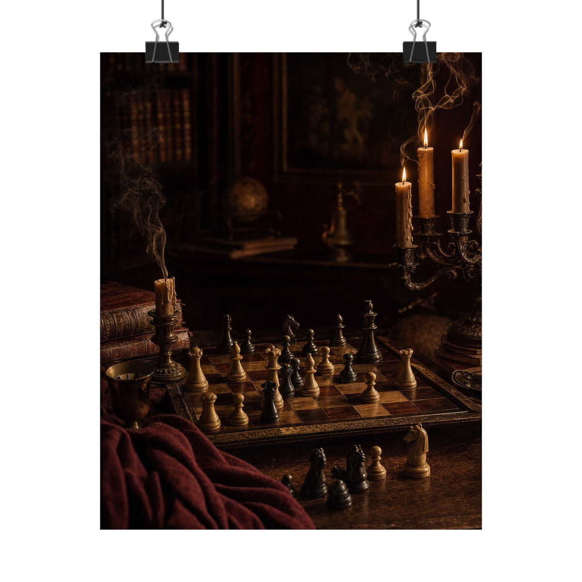Chess Board Mid-Game In Candlelight - Dark Academia Art Print (Matte Poster) - Moikas