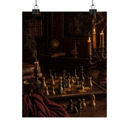 Chess Board Mid-Game In Candlelight - Dark Academia Art Print (Matte Poster) - Moikas