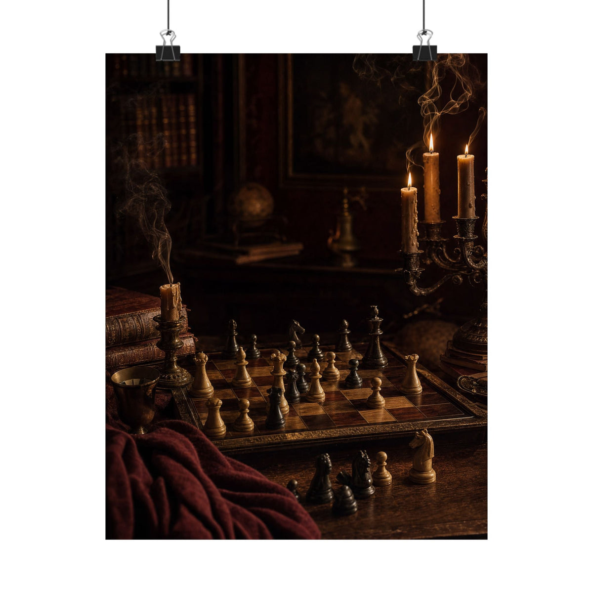 Chess Board Mid-Game In Candlelight - Dark Academia Art Print (Matte Poster) - Moikas