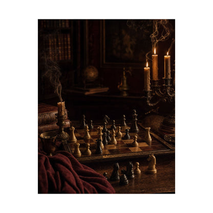 Chess Board Mid-Game In Candlelight - Dark Academia Art Print (Matte Poster) - Moikas