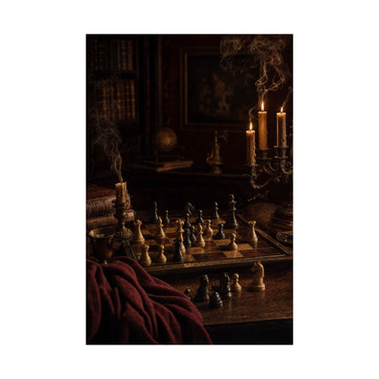 Chess Board Mid-Game In Candlelight - Dark Academia Art Print (Matte Poster) - Moikas