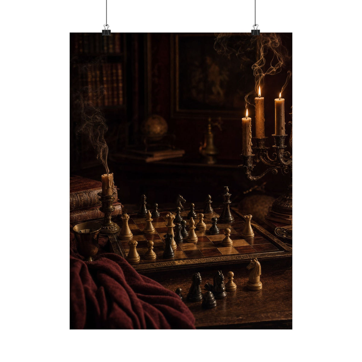 Chess Board Mid-Game In Candlelight - Dark Academia Art Print (Matte Poster) - Moikas