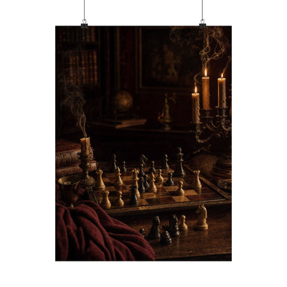 Chess Board Mid-Game In Candlelight - Dark Academia Art Print (Matte Poster) - Moikas
