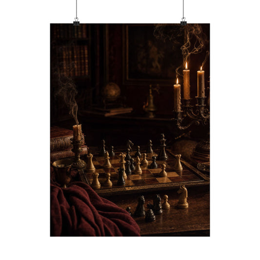 Chess Board Mid-Game In Candlelight - Dark Academia Art Print (Matte Poster) - Moikas