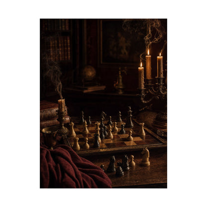 Chess Board Mid-Game In Candlelight - Dark Academia Art Print (Matte Poster) - Moikas