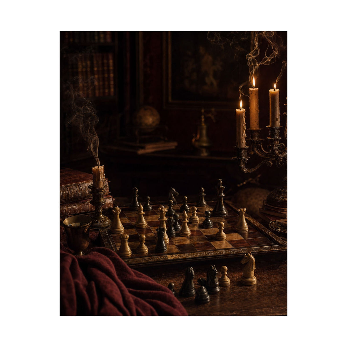 Chess Board Mid-Game In Candlelight - Dark Academia Art Print (Matte Poster) - Moikas