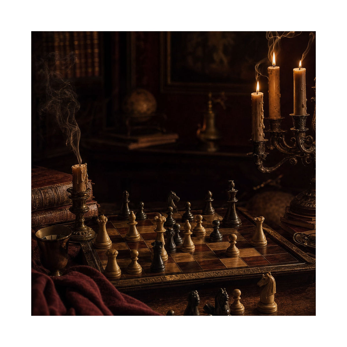 Chess Board Mid-Game In Candlelight - Dark Academia Art Print (Matte Poster) - Moikas
