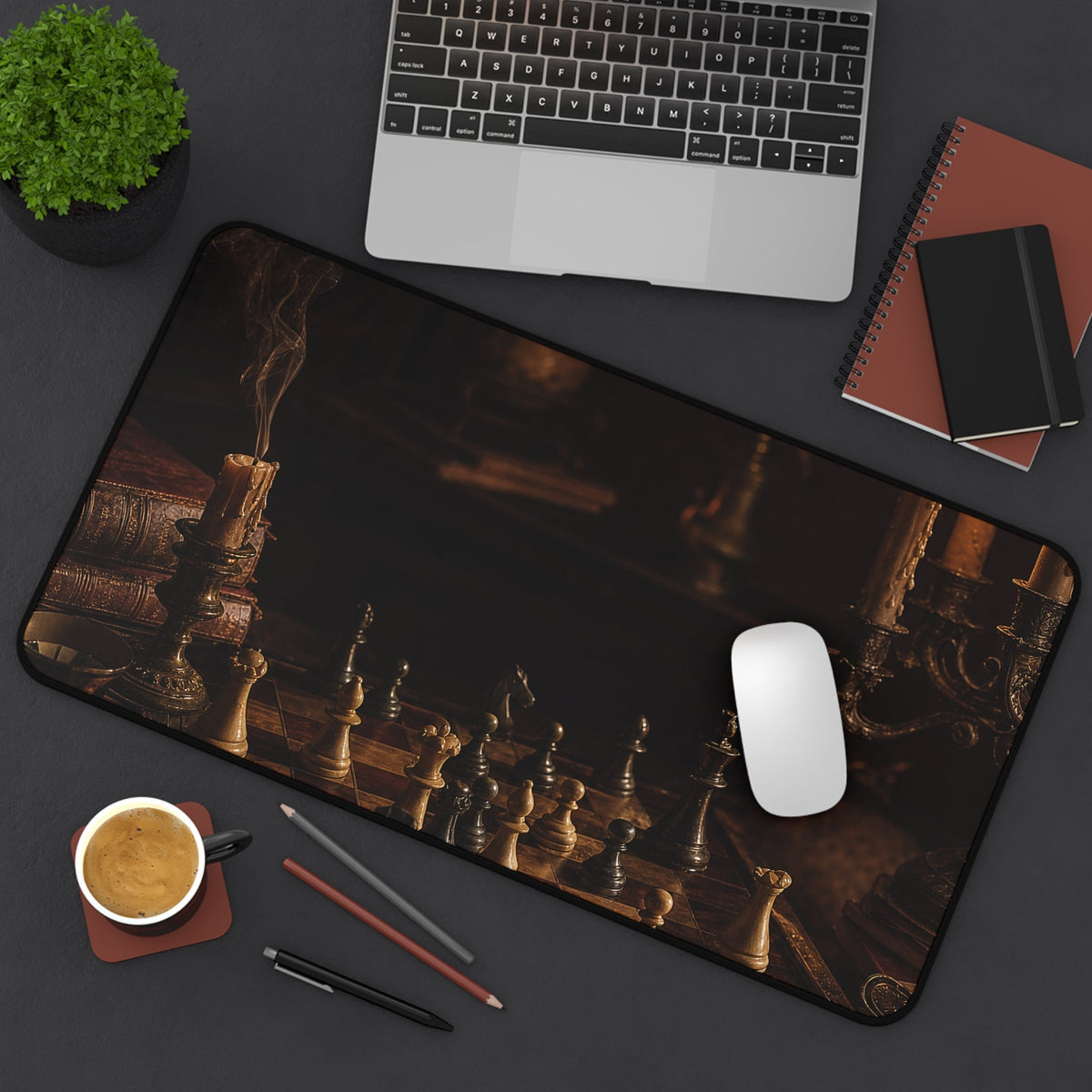 Chess Board Mid-Game In Candlelight - Dark Academia Gaming Desk Mat - Moikas