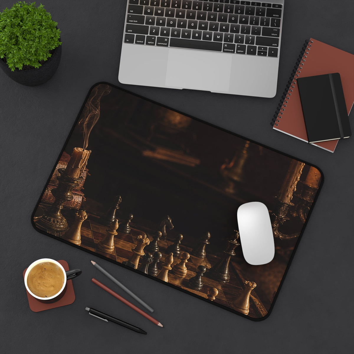 Chess Board Mid-Game In Candlelight - Dark Academia Gaming Desk Mat - Moikas