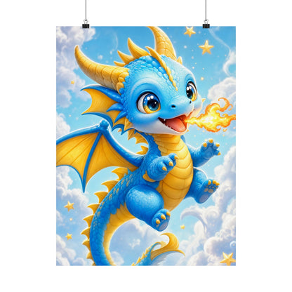Chibi Dragon Breathing Tiny Fire - Kawaii Gaming Art Print (Matte Poster) - Moikas