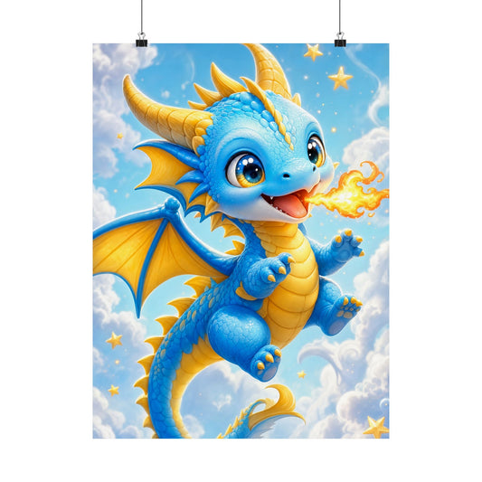 Chibi Dragon Breathing Tiny Fire - Kawaii Gaming Art Print (Matte Poster) - Moikas