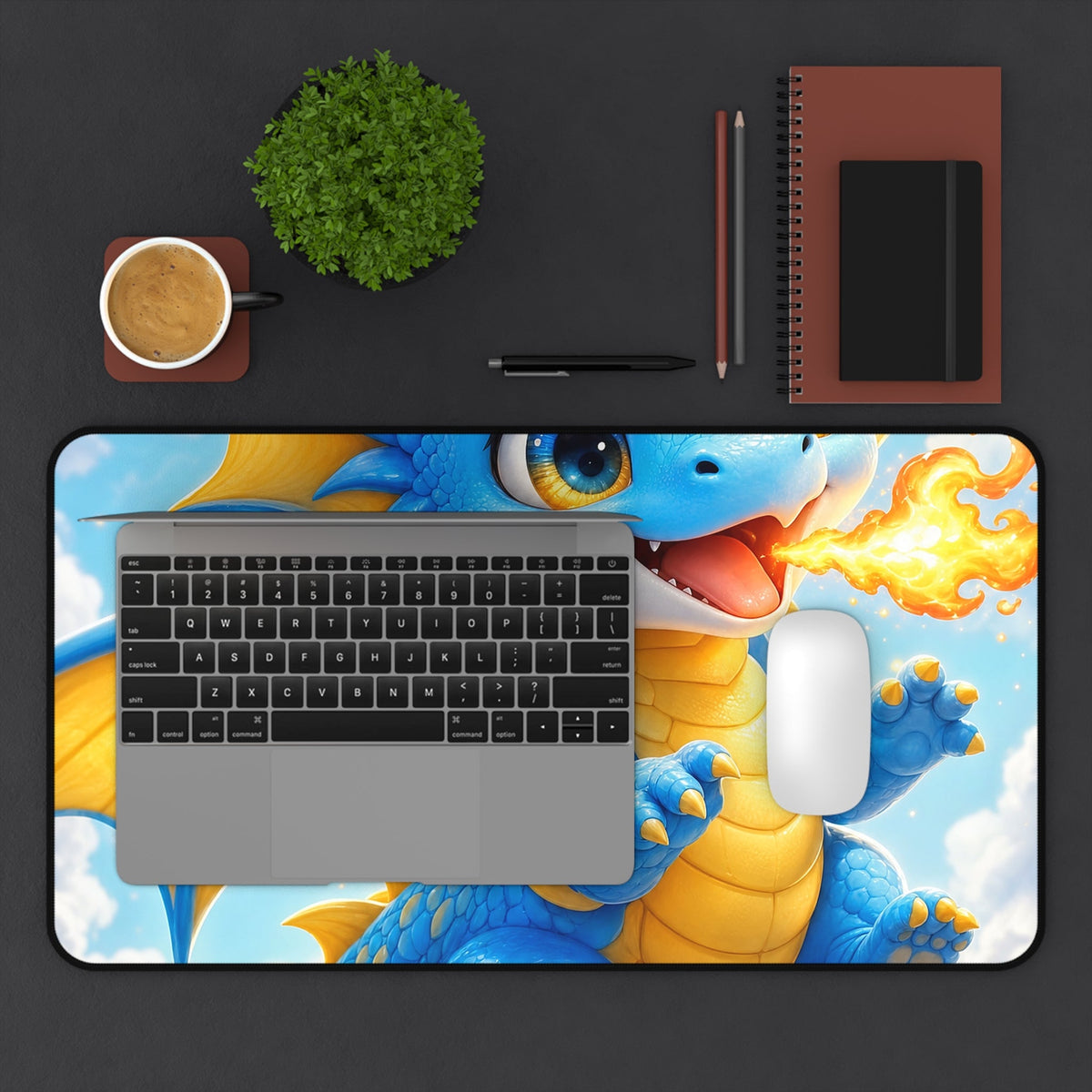 Chibi Dragon Breathing Tiny Fire - Kawaii Gaming Gaming Desk Mat - Moikas