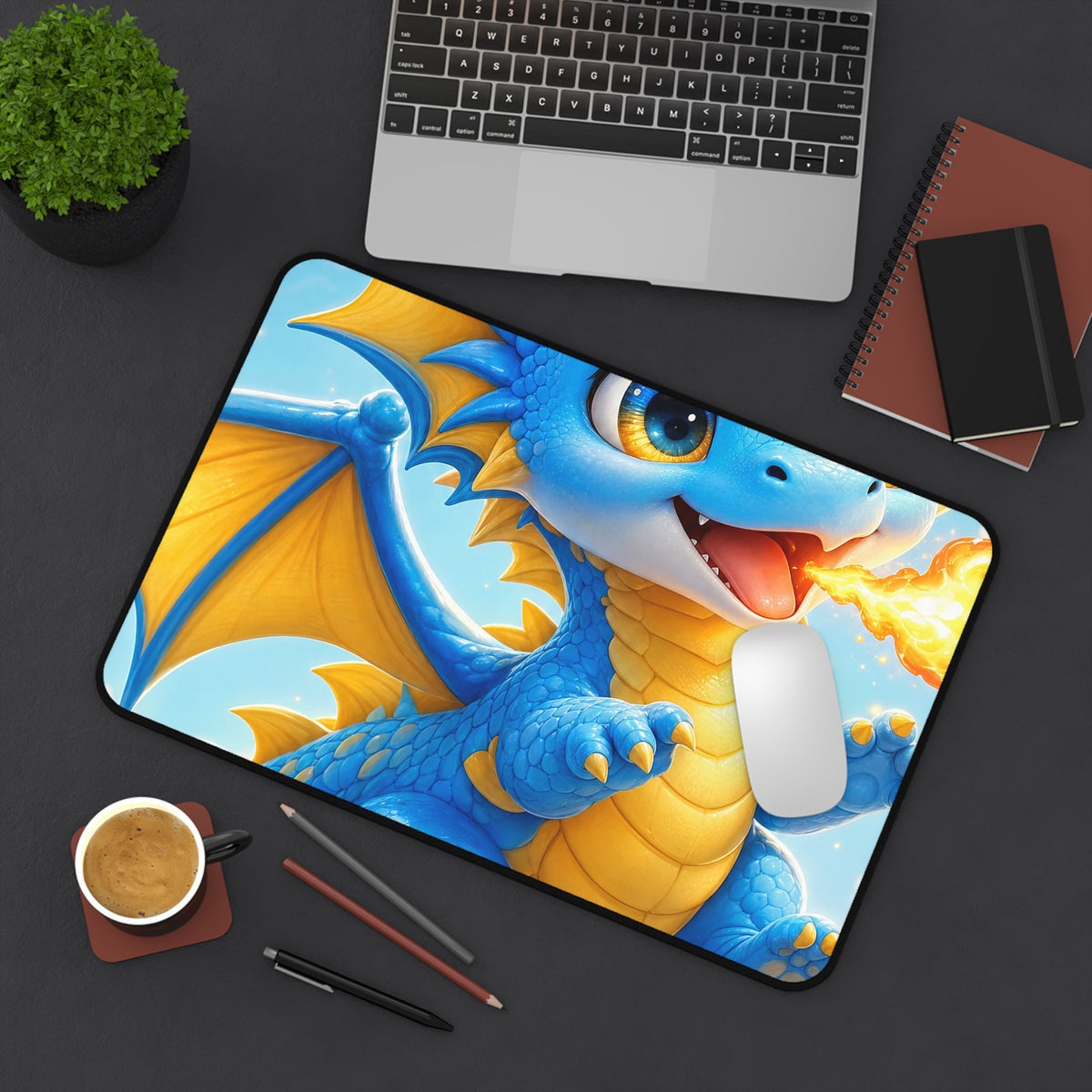 Chibi Dragon Breathing Tiny Fire - Kawaii Gaming Gaming Desk Mat - Moikas