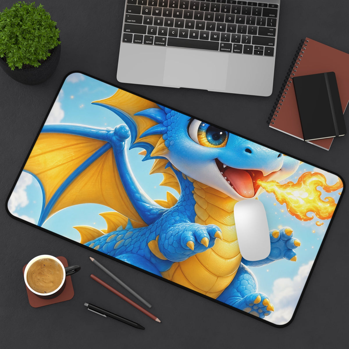 Chibi Dragon Breathing Tiny Fire - Kawaii Gaming Gaming Desk Mat - Moikas