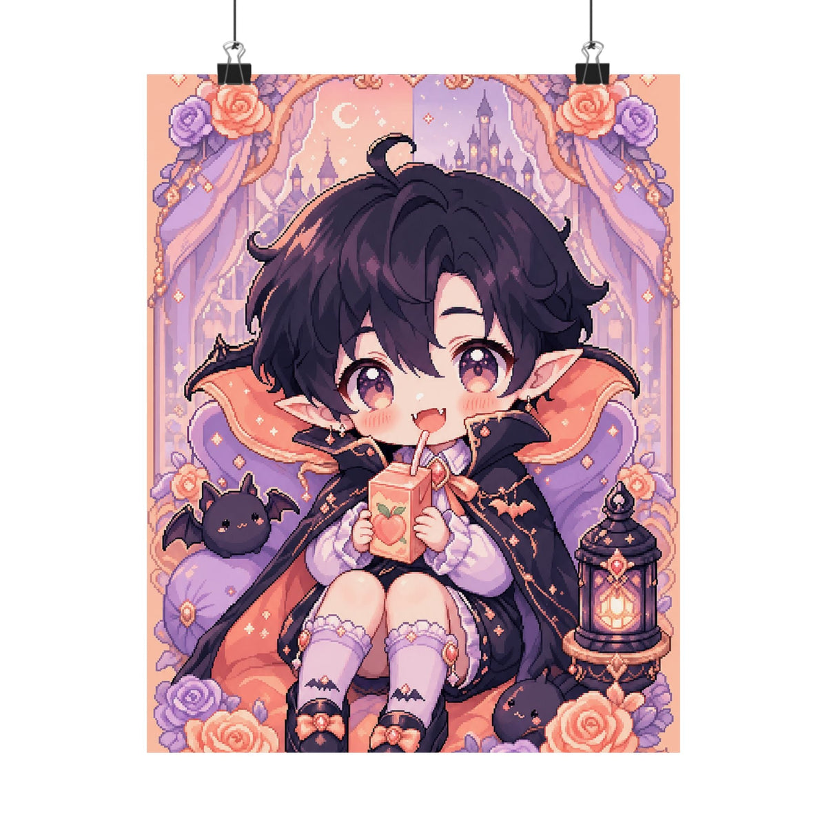 Chibi Vampire With Juice Box - Kawaii Gaming Art Print (Matte Poster) - Moikas