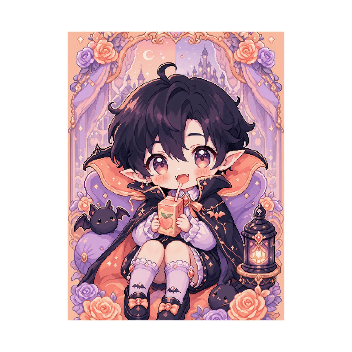 Chibi Vampire With Juice Box - Kawaii Gaming Art Print (Matte Poster) - Moikas