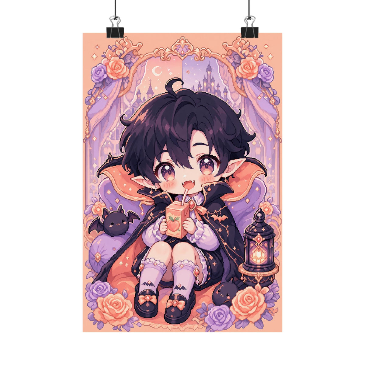 Chibi Vampire With Juice Box - Kawaii Gaming Art Print (Matte Poster) - Moikas