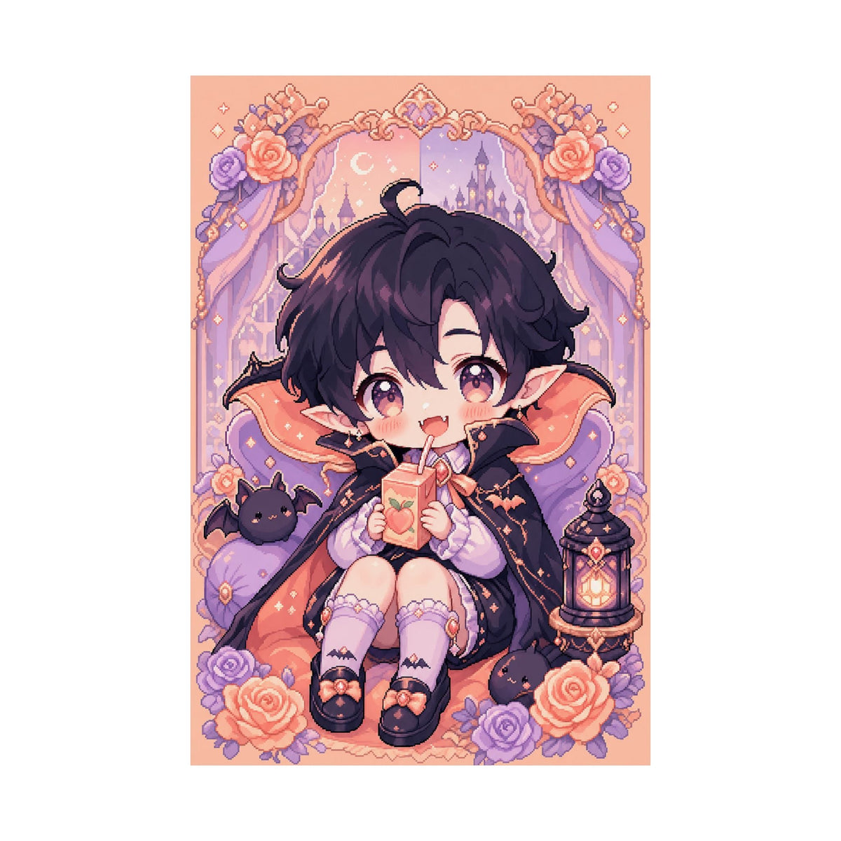 Chibi Vampire With Juice Box - Kawaii Gaming Art Print (Matte Poster) - Moikas