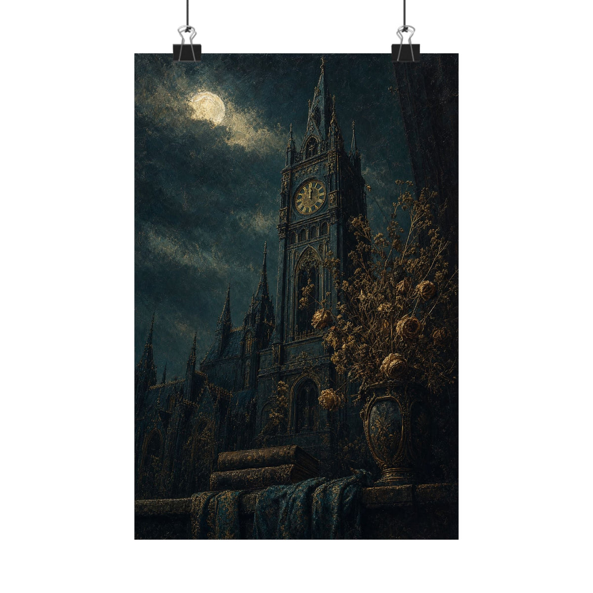 Clock Tower At Midnight - Dark Academia Art Print (Matte Poster) - Moikas