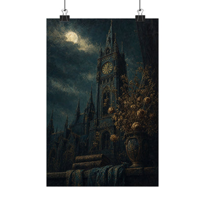 Clock Tower At Midnight - Dark Academia Art Print (Matte Poster) - Moikas