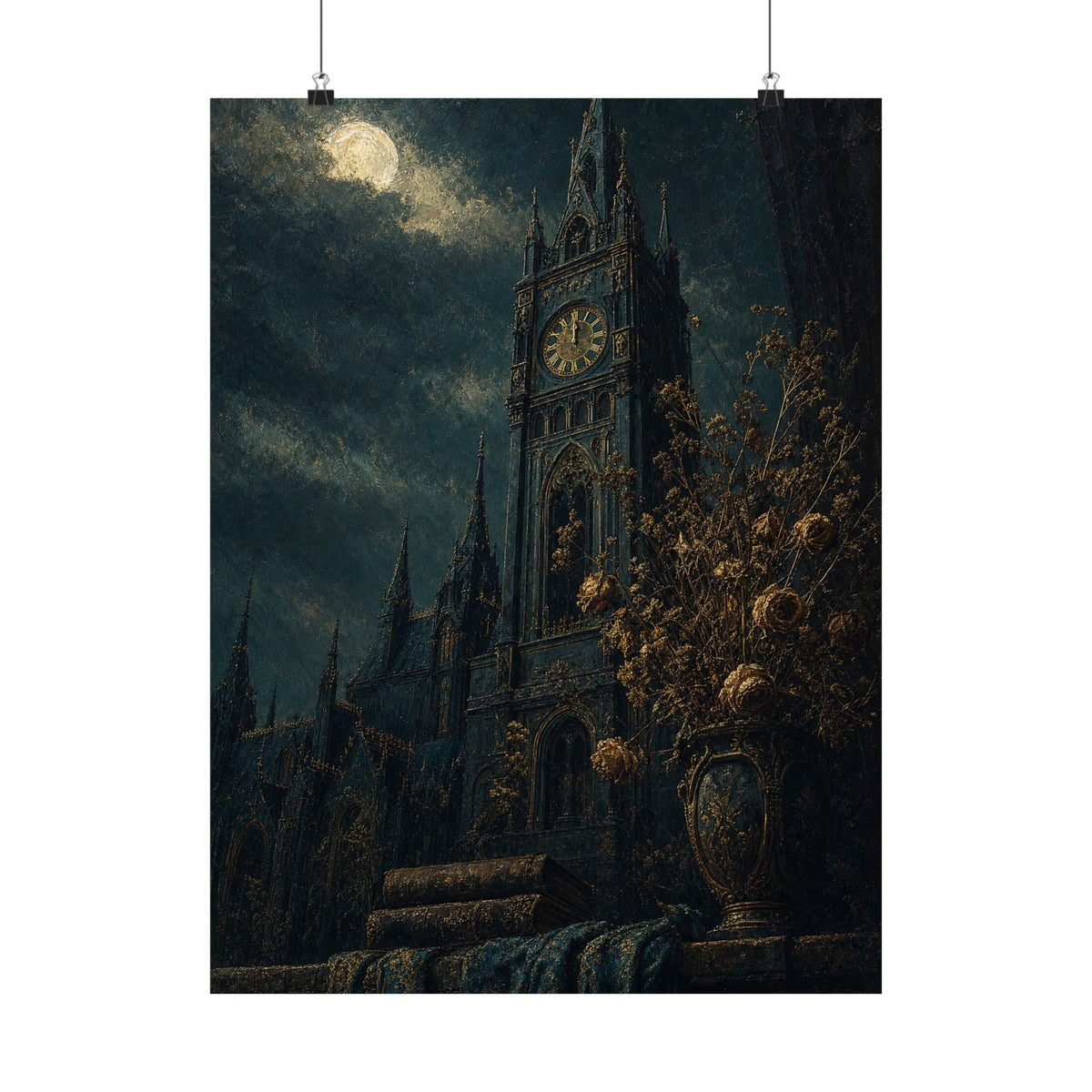 Clock Tower At Midnight - Dark Academia Art Print (Matte Poster) - Moikas