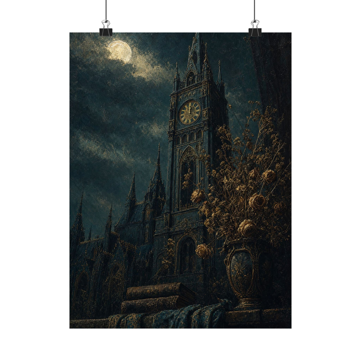 Clock Tower At Midnight - Dark Academia Art Print (Matte Poster) - Moikas