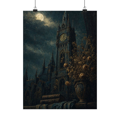 Clock Tower At Midnight - Dark Academia Art Print (Matte Poster) - Moikas