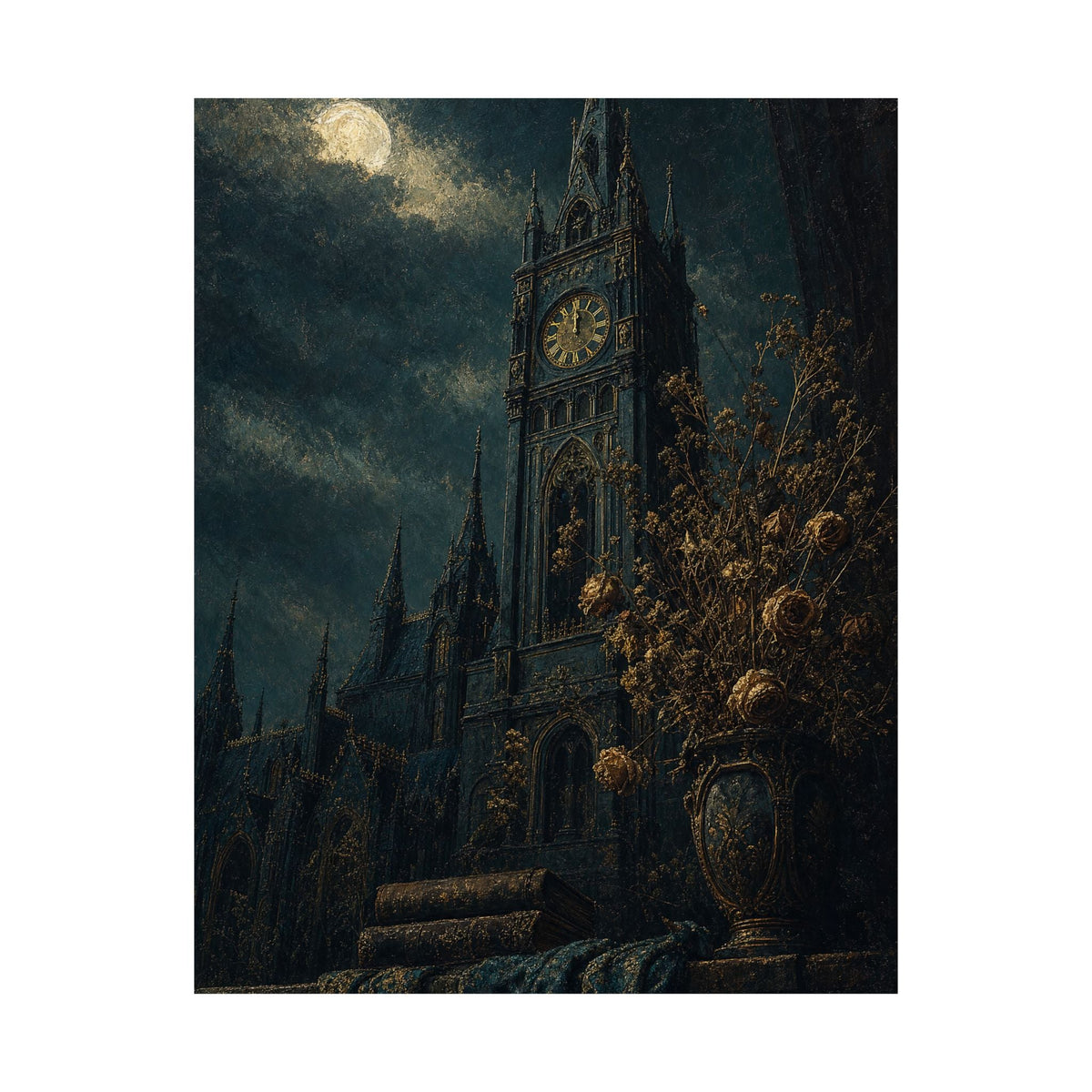 Clock Tower At Midnight - Dark Academia Art Print (Matte Poster) - Moikas