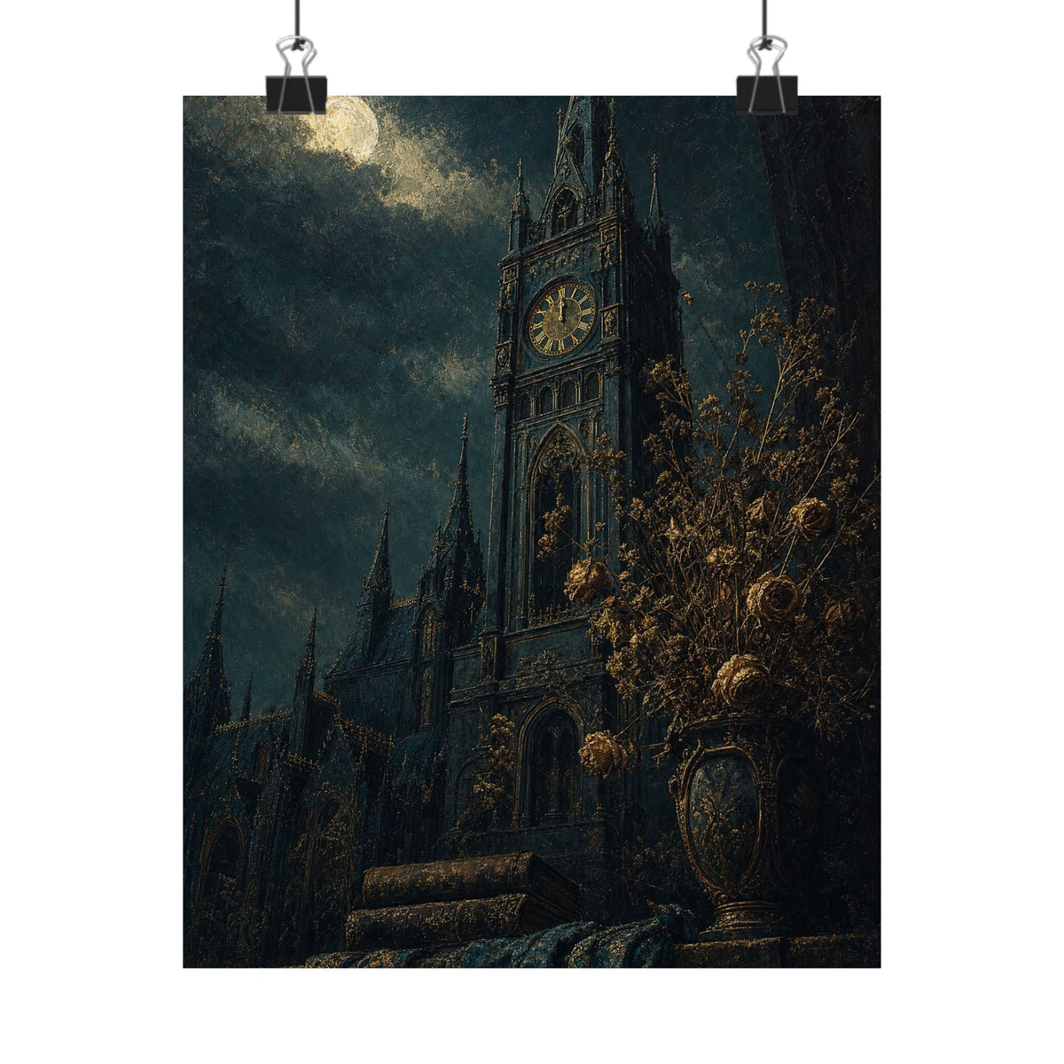 Clock Tower At Midnight - Dark Academia Art Print (Matte Poster) - Moikas