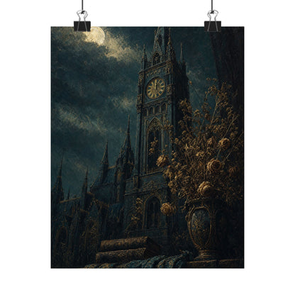 Clock Tower At Midnight - Dark Academia Art Print (Matte Poster) - Moikas