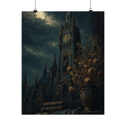 Clock Tower At Midnight - Dark Academia Art Print (Matte Poster) - Moikas