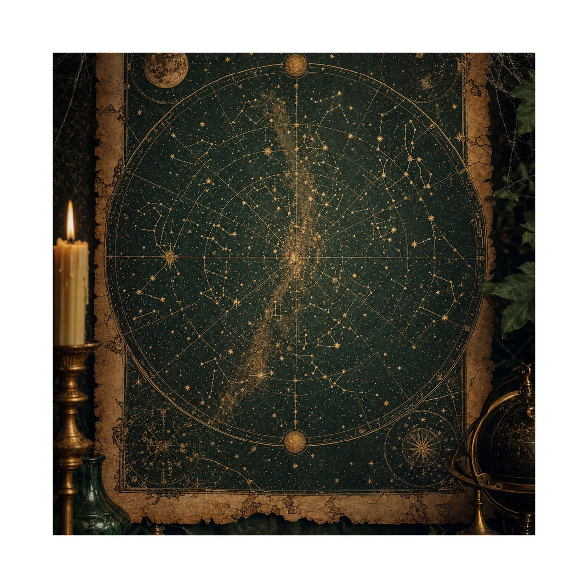 Constellation Map On Aged Parchment - Dark Academia Art Print (Matte Poster) - Moikas