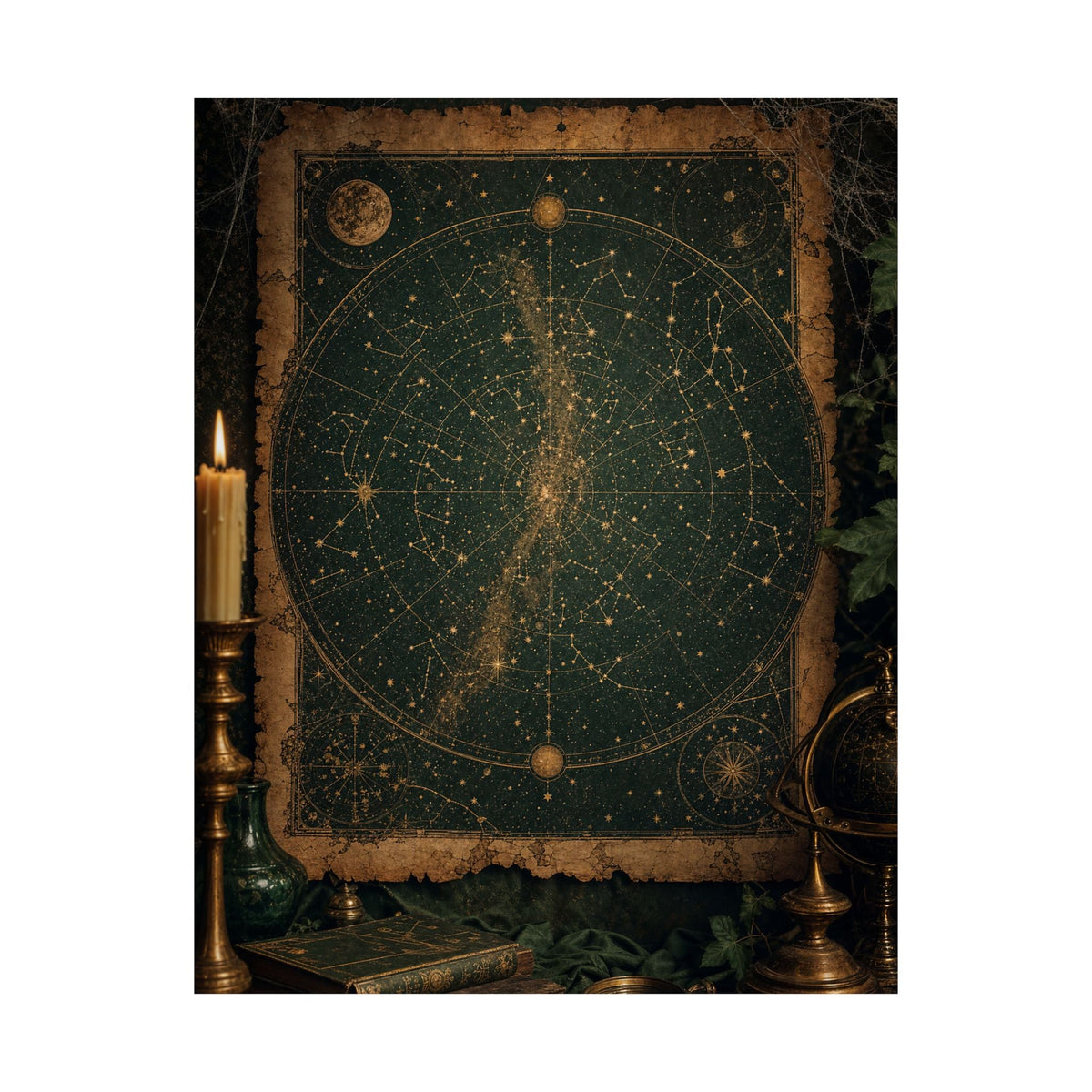 Constellation Map On Aged Parchment - Dark Academia Art Print (Matte Poster) - Moikas