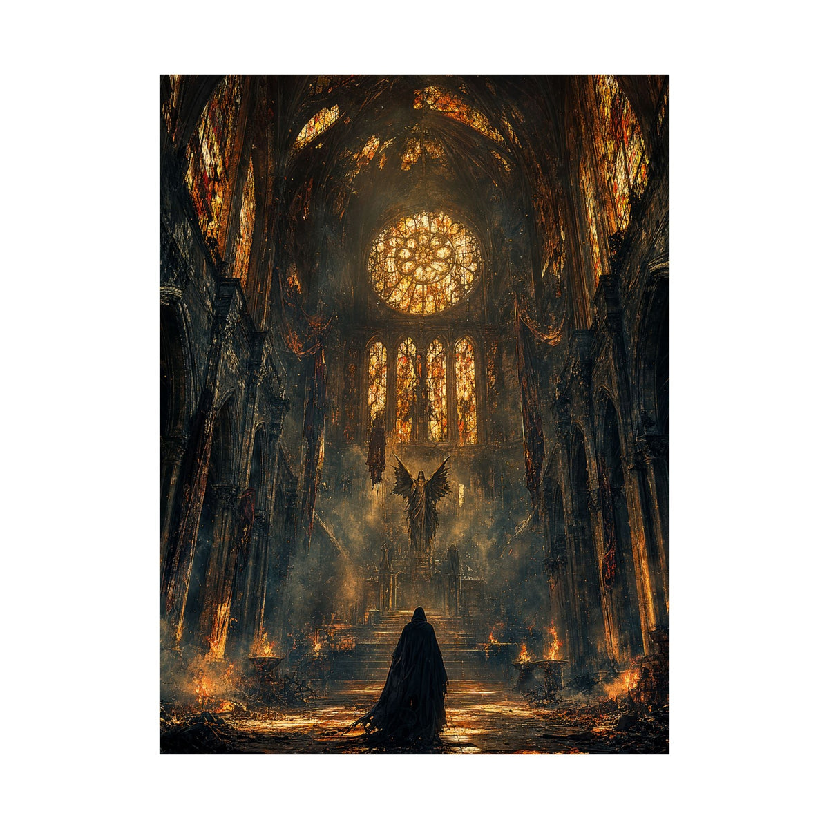 Cursed Cathedral With Broken Stained Glass - Dark Fantasy Art Print (Matte Poster) - Moikas