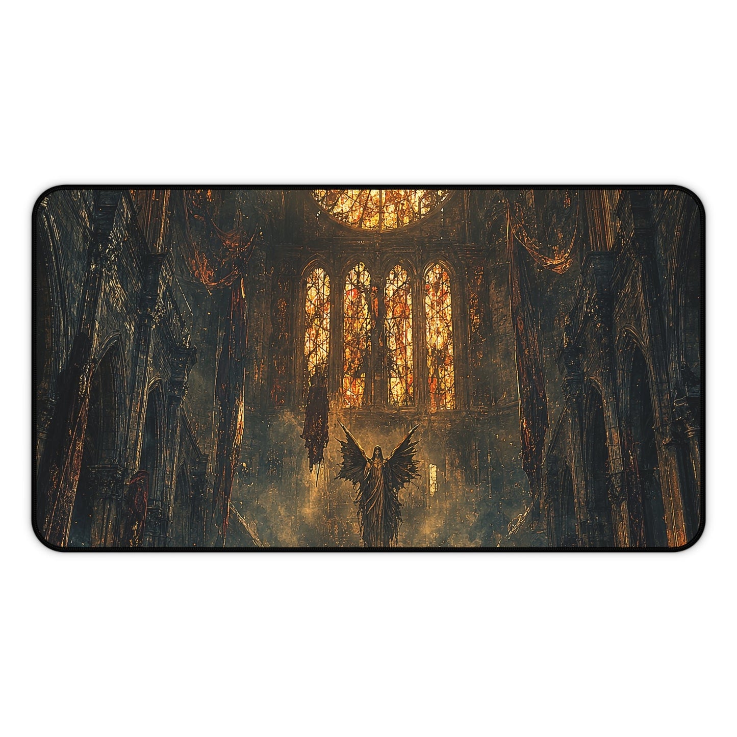 Cursed Cathedral With Broken Stained Glass - Dark Fantasy Gaming Desk Mat - Moikas