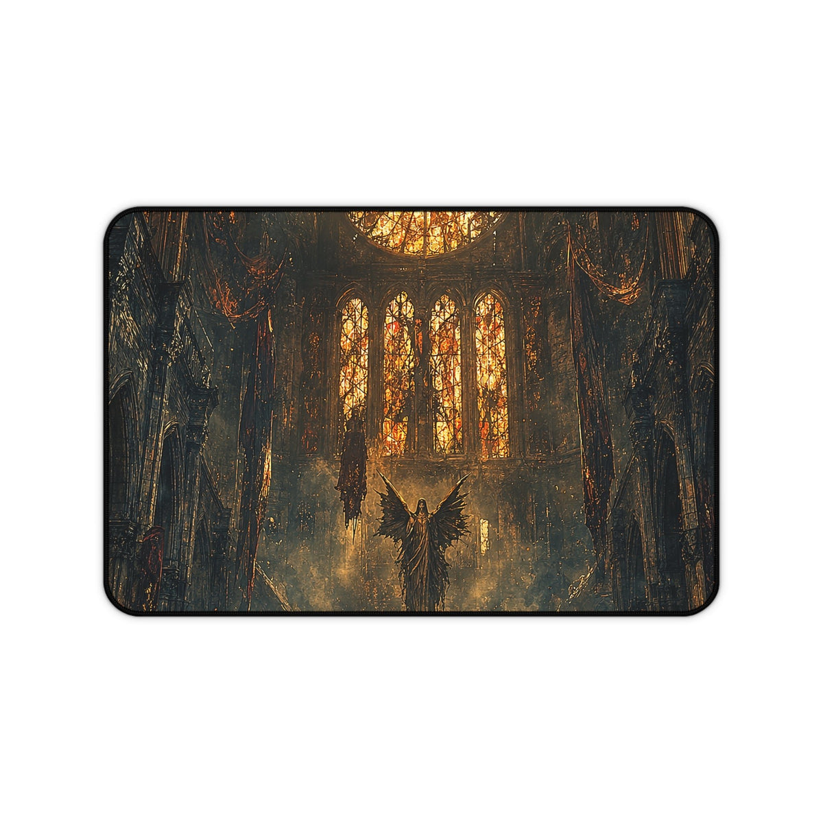 Cursed Cathedral With Broken Stained Glass - Dark Fantasy Gaming Desk Mat - Moikas