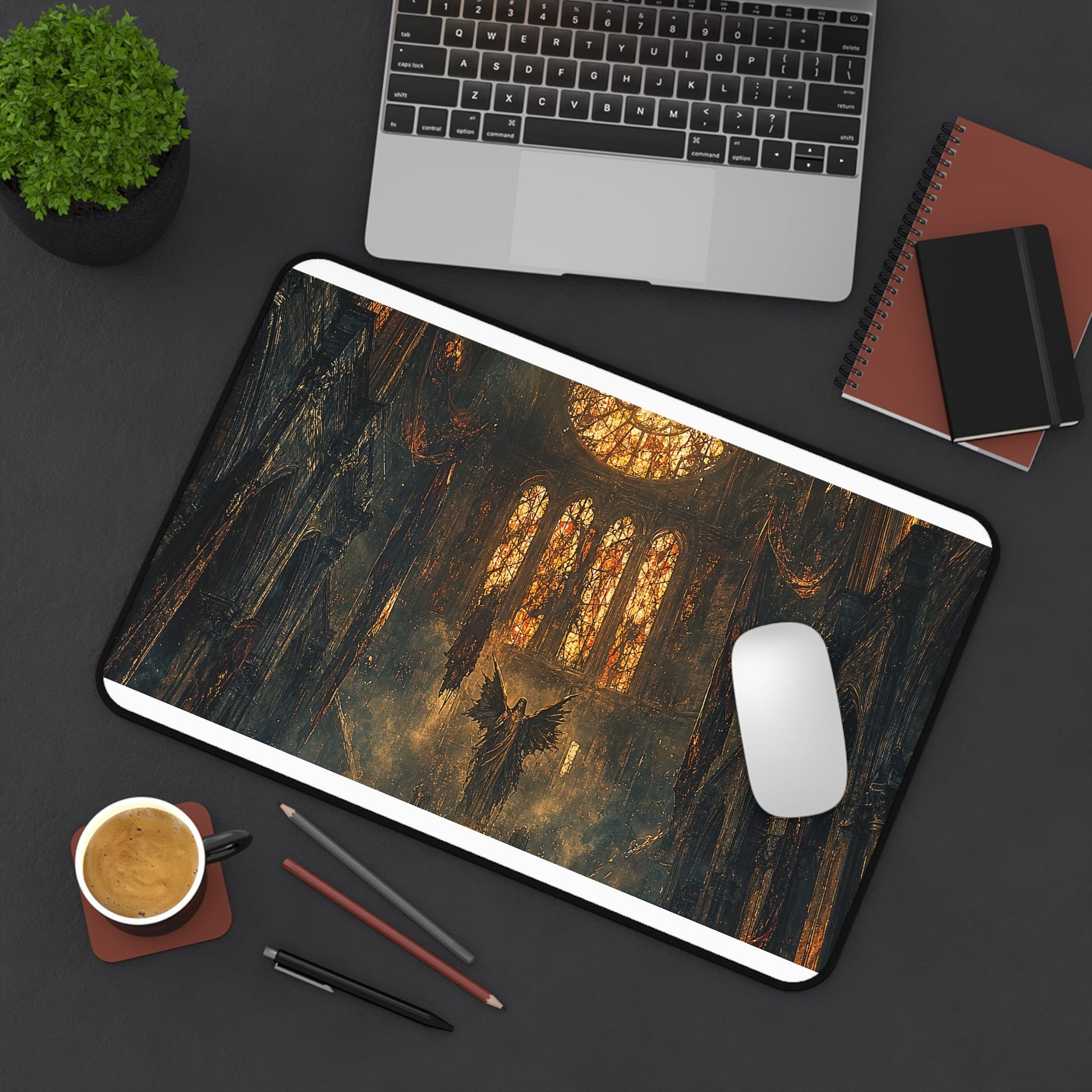 Cursed Cathedral With Broken Stained Glass - Dark Fantasy Gaming Desk Mat - Moikas