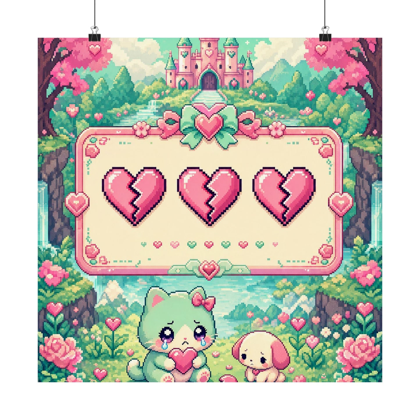 Cute Game Over Screen With Hearts - Kawaii Gaming Art Print (Matte Poster) - Moikas