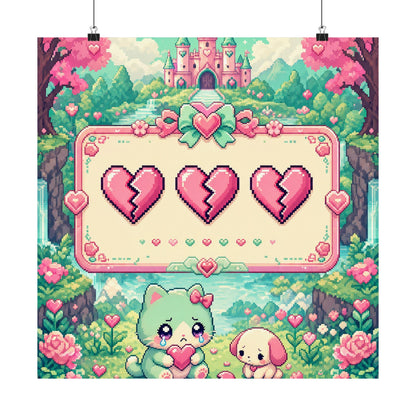 Cute Game Over Screen With Hearts - Kawaii Gaming Art Print (Matte Poster) - Moikas