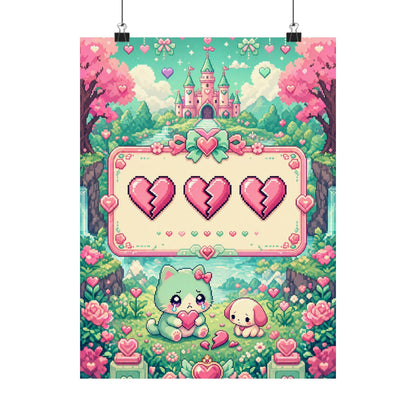 Cute Game Over Screen With Hearts - Kawaii Gaming Art Print (Matte Poster) - Moikas