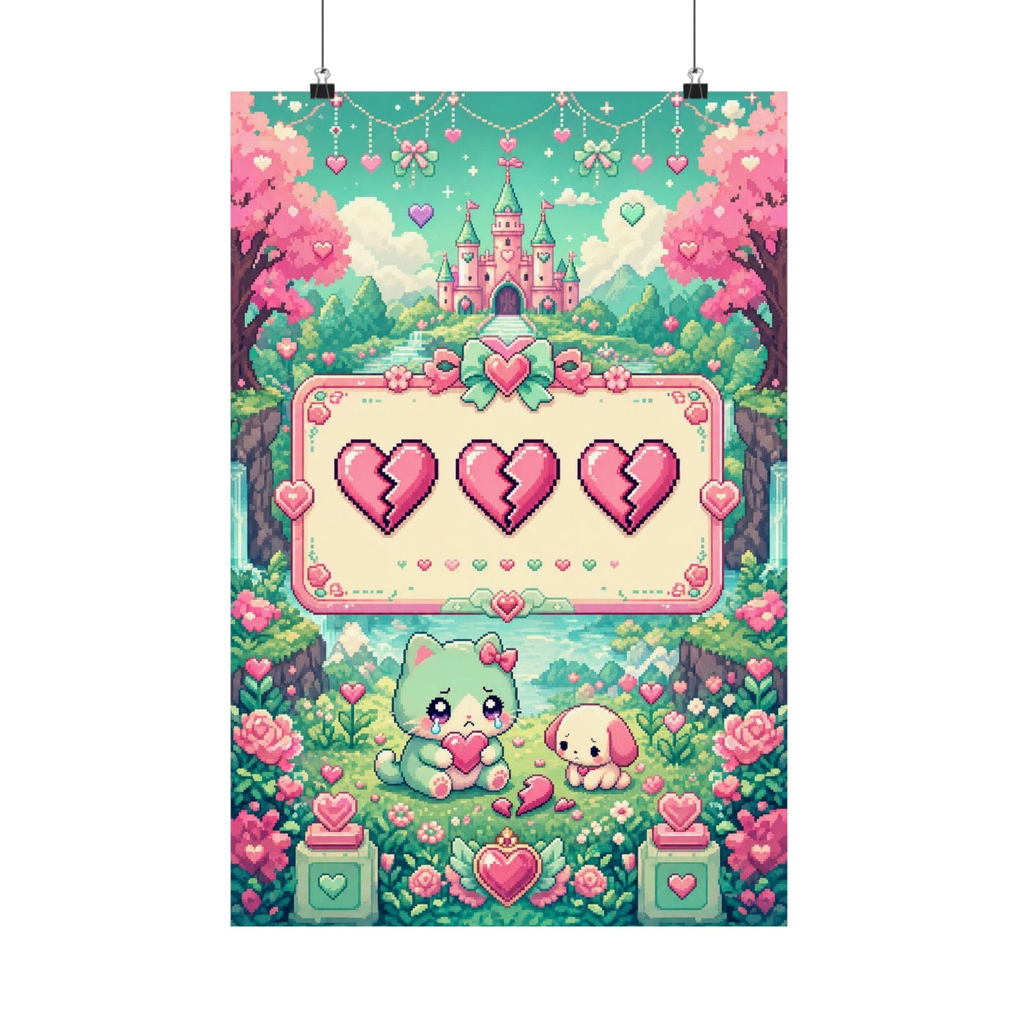 Cute Game Over Screen With Hearts - Kawaii Gaming Art Print (Matte Poster) - Moikas