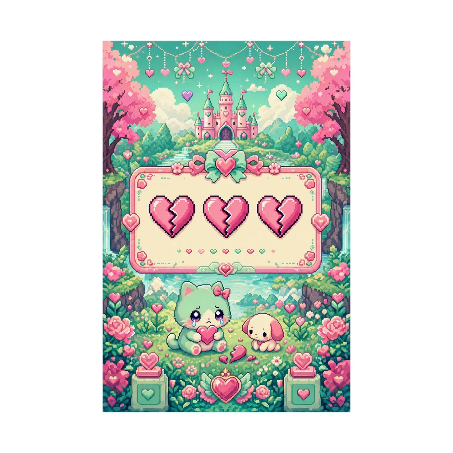 Cute Game Over Screen With Hearts - Kawaii Gaming Art Print (Matte Poster) - Moikas