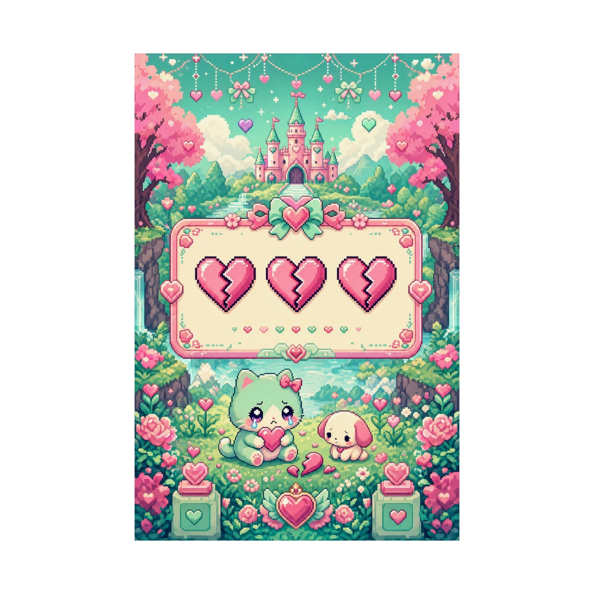 Cute Game Over Screen With Hearts - Kawaii Gaming Art Print (Matte Poster) - Moikas