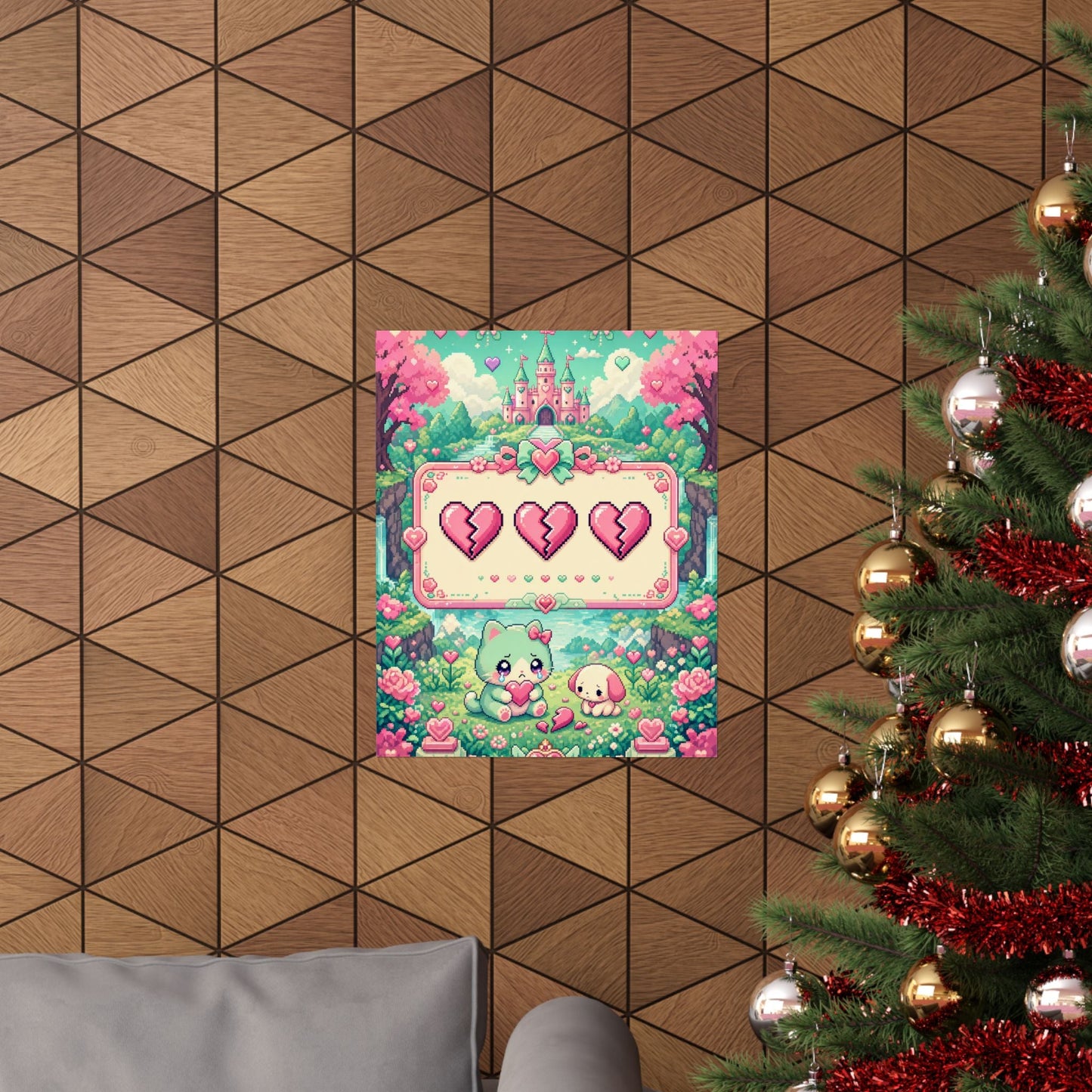 Cute Game Over Screen With Hearts - Kawaii Gaming Art Print (Matte Poster) - Moikas