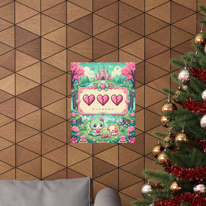 Cute Game Over Screen With Hearts - Kawaii Gaming Art Print (Matte Poster) - Moikas