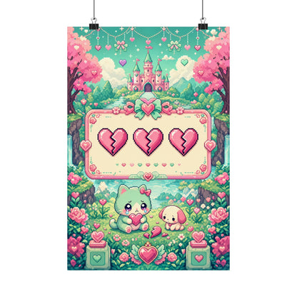 Cute Game Over Screen With Hearts - Kawaii Gaming Art Print (Matte Poster) - Moikas
